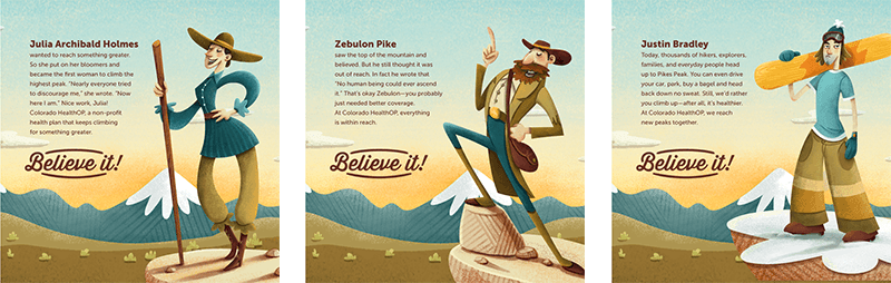 Image and description of story personalities Julia Archibald Holmes, Zebulon Pike, and Justin Bradley